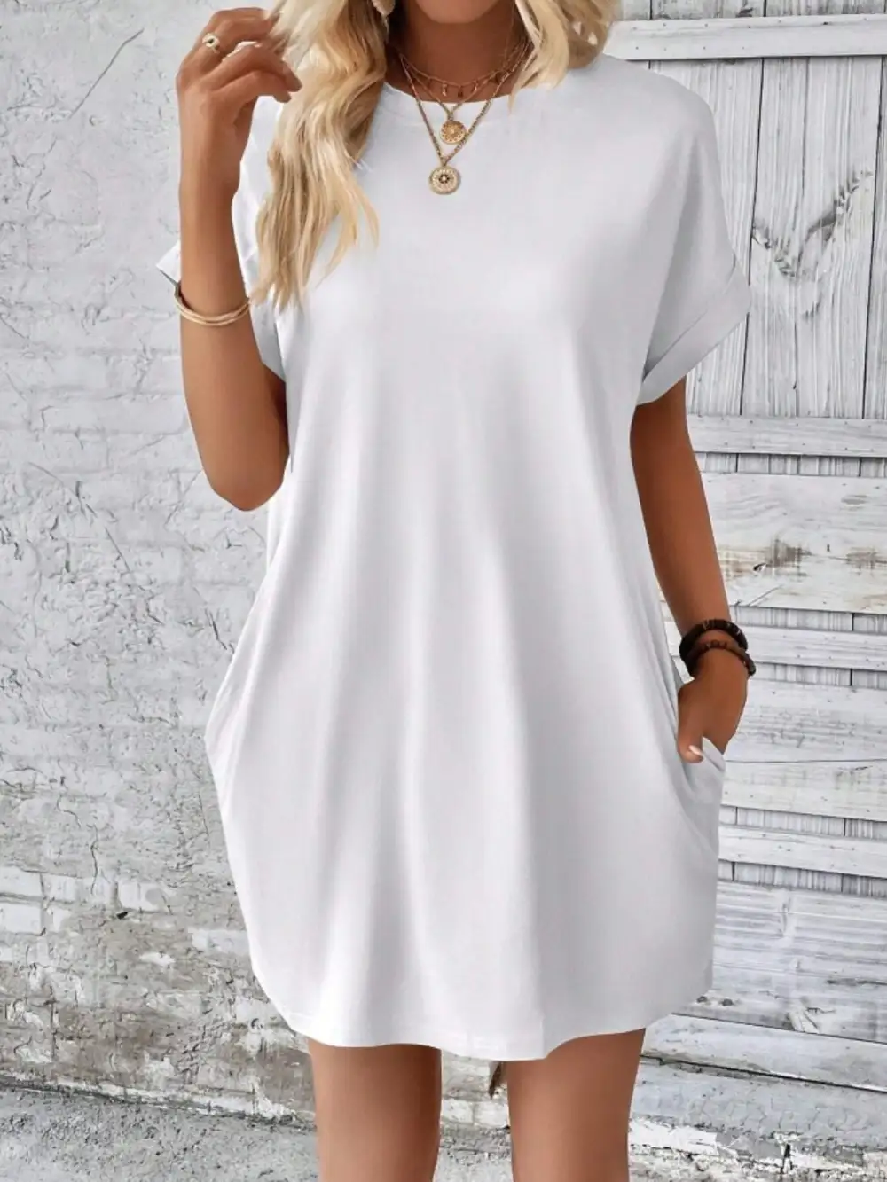 Round-Neck Short-Sleeve Cotton Casual Dress