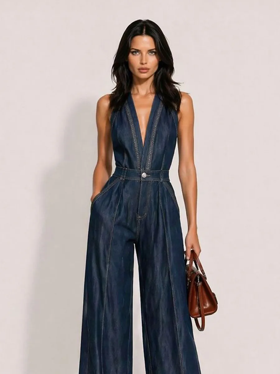 Clementine Casual Retro V-Neck Sleeveless Denim Jumpsuit