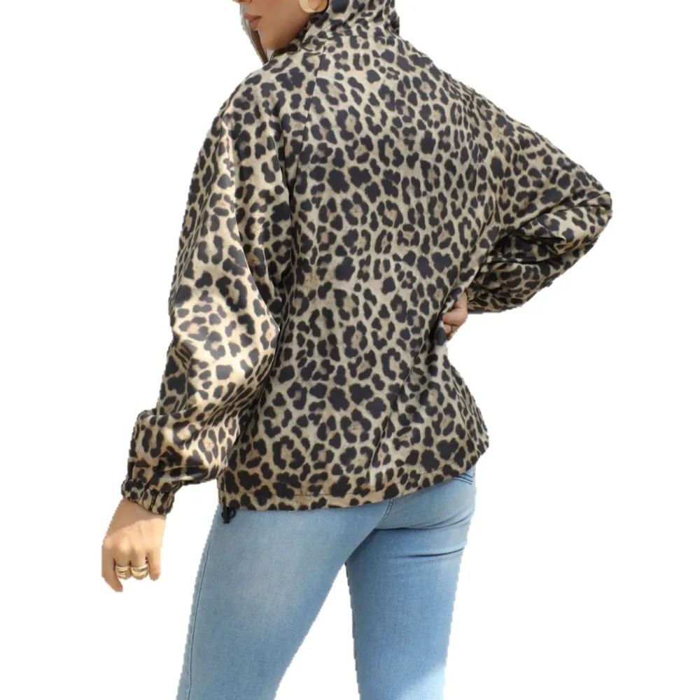 Leopard Print Stand Collar Zip Front Bomber Jacket