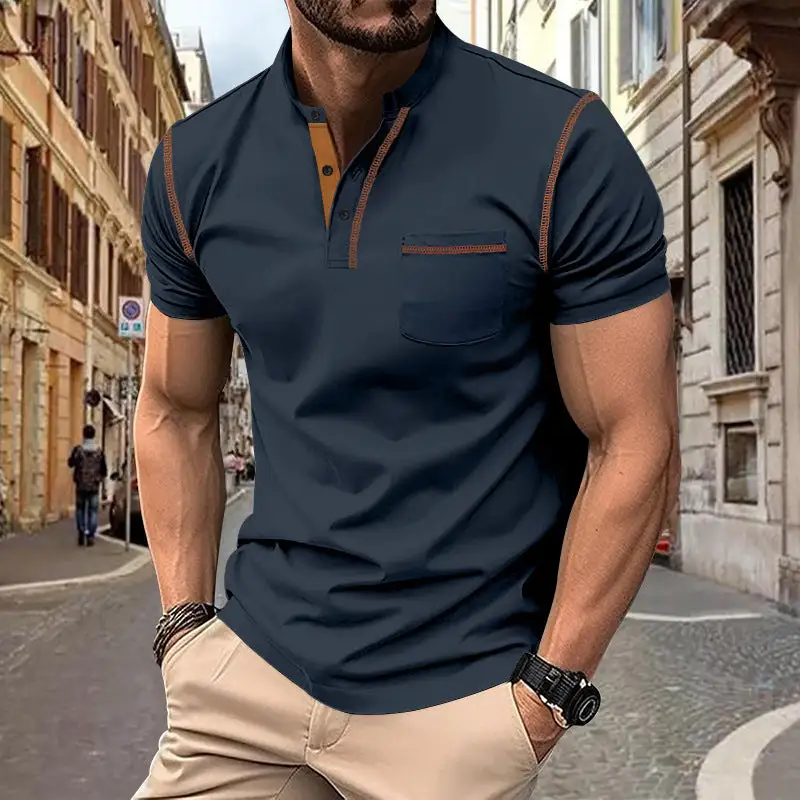 Men's Short-Sleeve Polo In Henley Style With Stand-up Collar Chest Pocket And Contrast Stitching