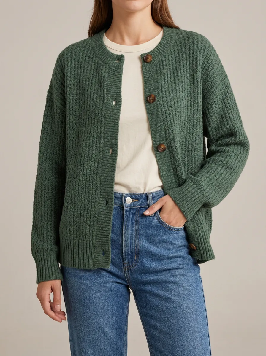 Women's Everyday Ribbed Knit Button Front Crew Neck Cardigan