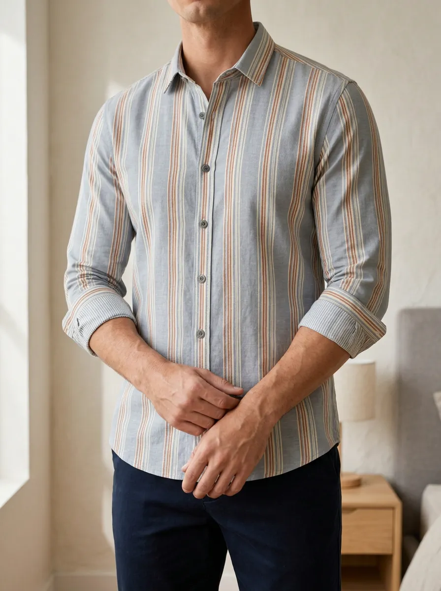 Men's Casual Style Blue Brown Vertical Striped Printed Slim Fit Shirt