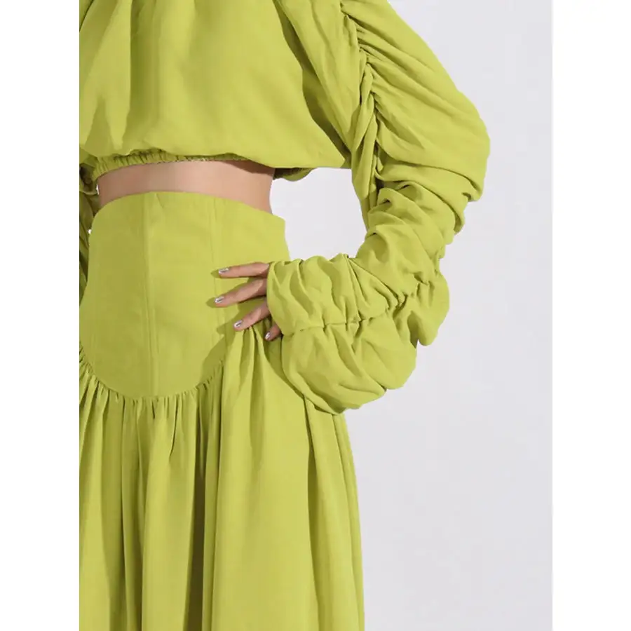 Modern Ruched Long Sleeve Top And High Waist Skirt