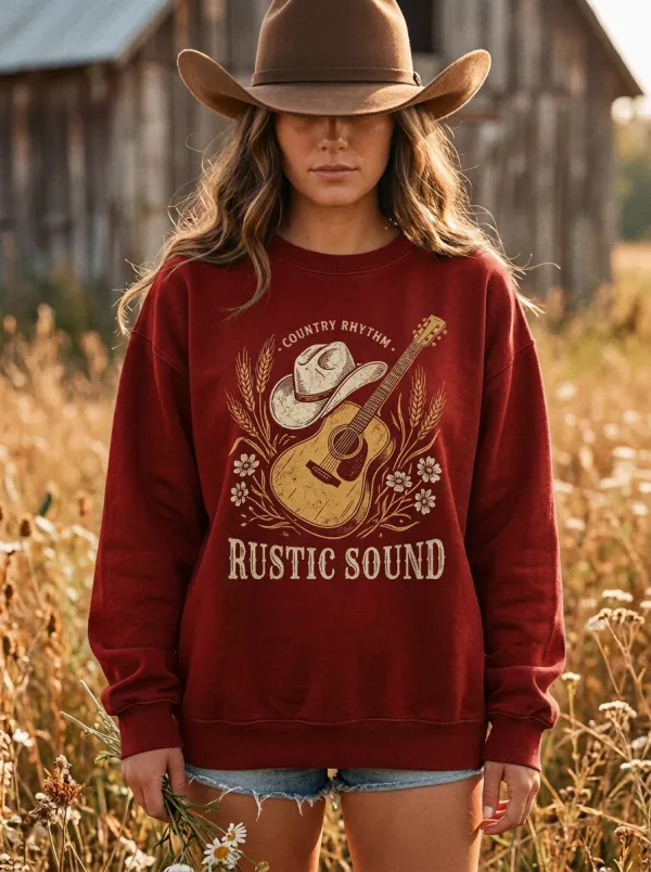 Country Music Guitar Cowboy Hat Crew Neck Sweatshirt