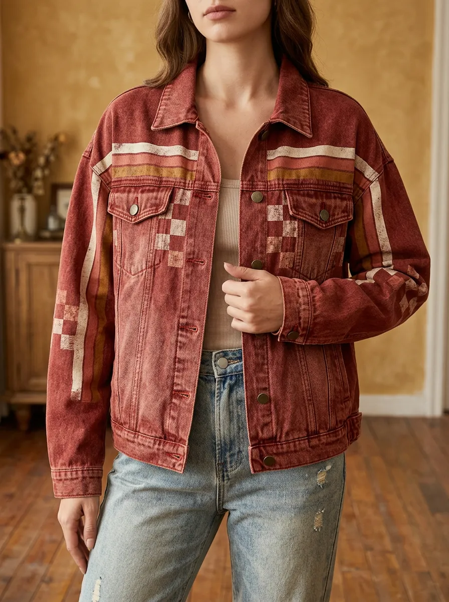 Women's Vintage Boho Striped Checkered Printed Denim Jacket