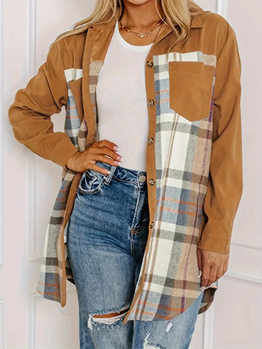 Refined Collared Plaid Pocketed Jacket