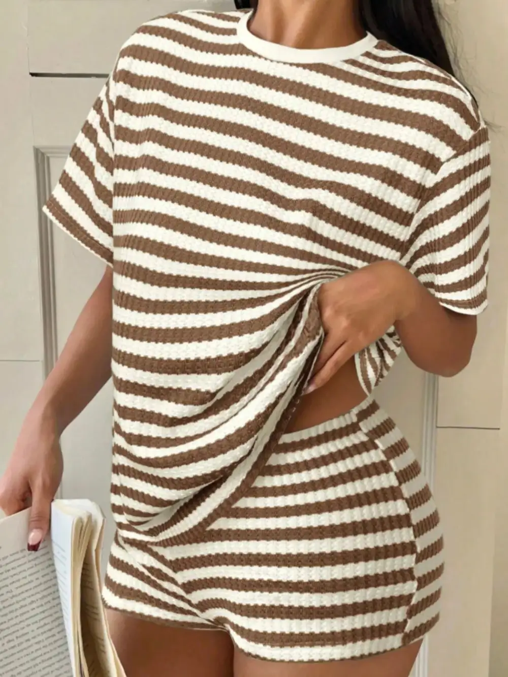 Relaxed Striped Round Neck Top Shorts Set