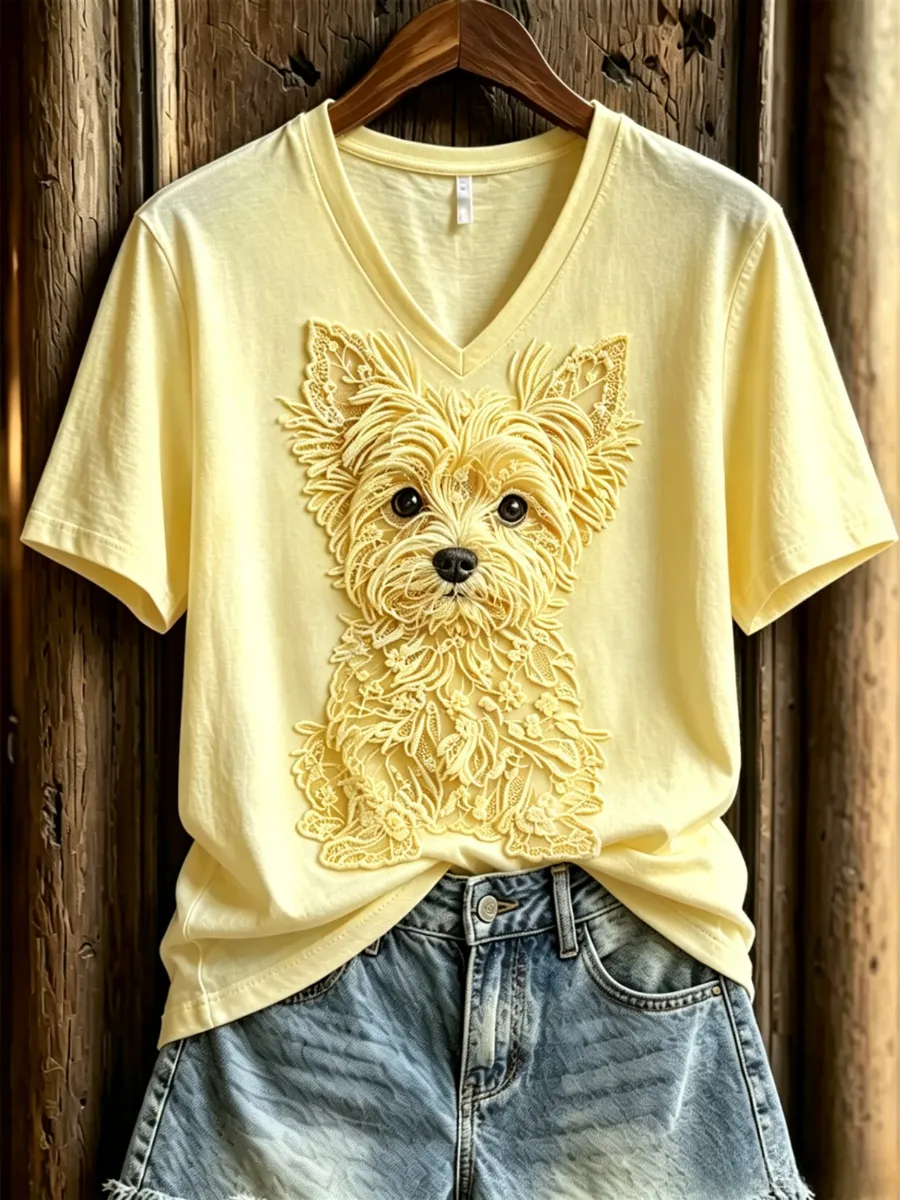 Women'S Dog Love Day Lace Art Pattern Printed V-Neck T-Shirt