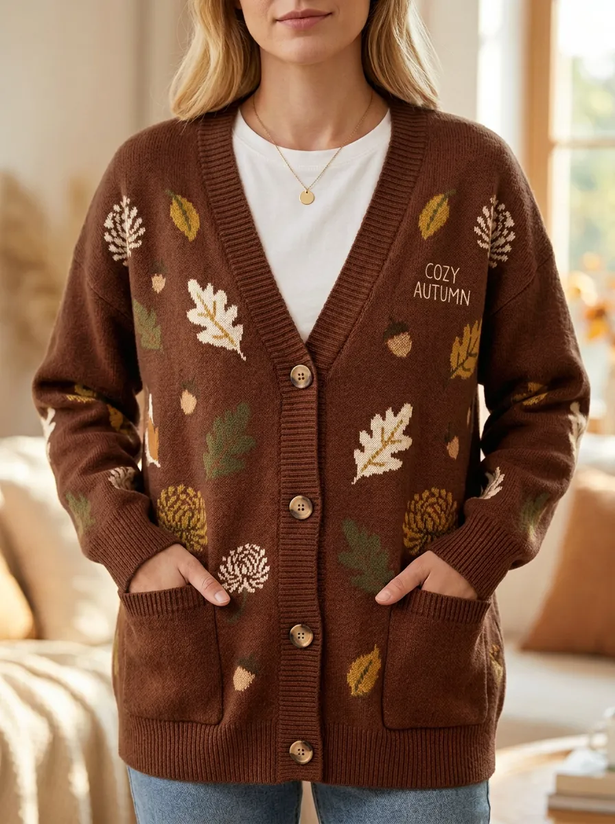 Botanical Leaves Acorn Pattern Patterned Women's Knit Cardigan