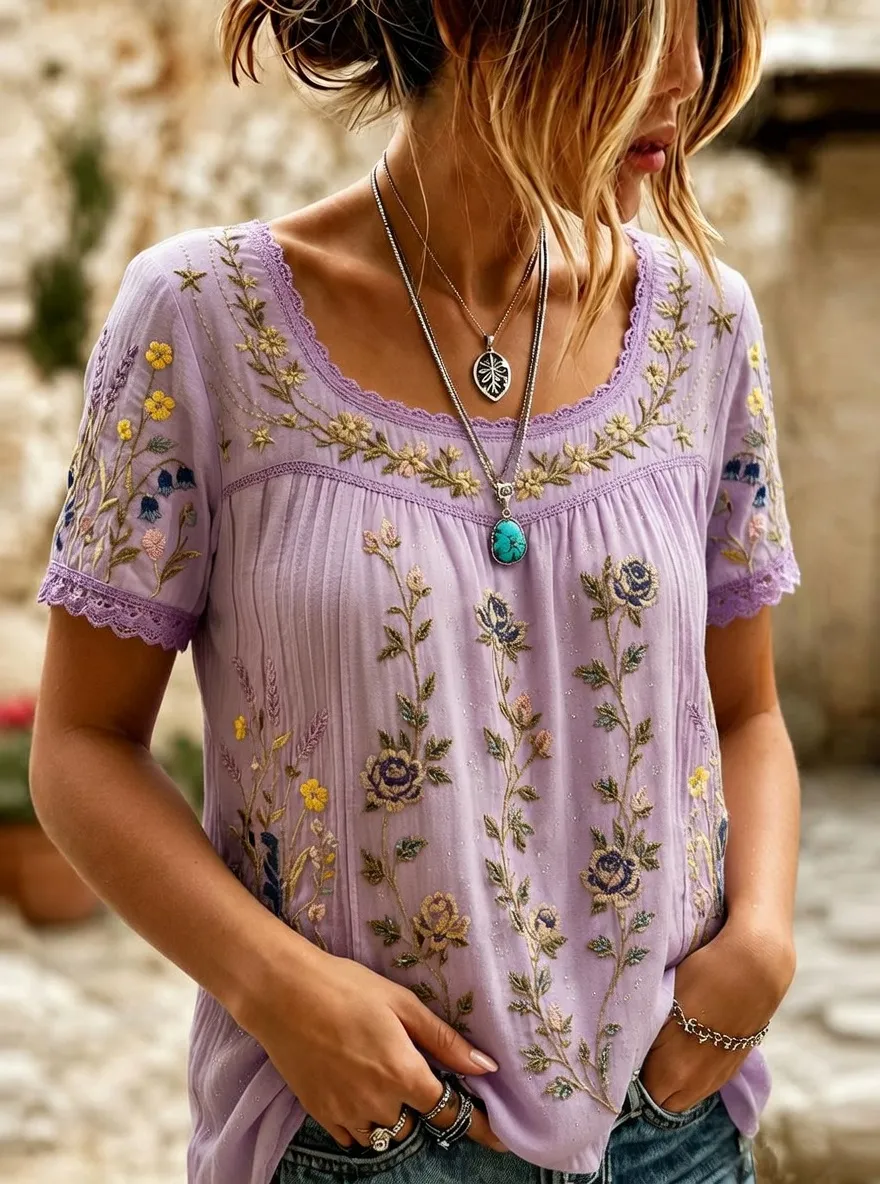 Women's Boho Floral Embroidered Vintage Printed T-shirt