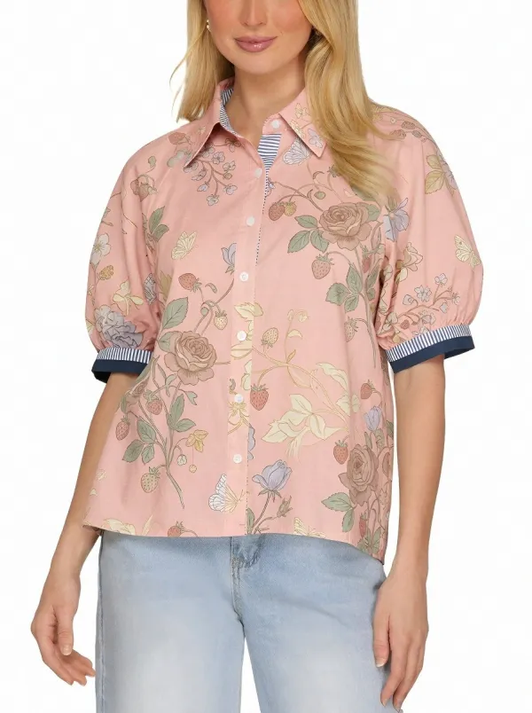 Women's Cottagecore Strawberry Rose Butterfly Printed Blouse