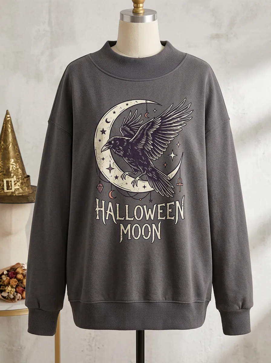 Women's Halloween Gothic Raven Moon Printed Sweatshirt