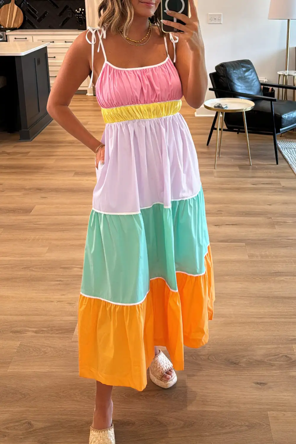 Multicolour Colorblock Self-tie Straps High Waist Flowy Maxi Dress