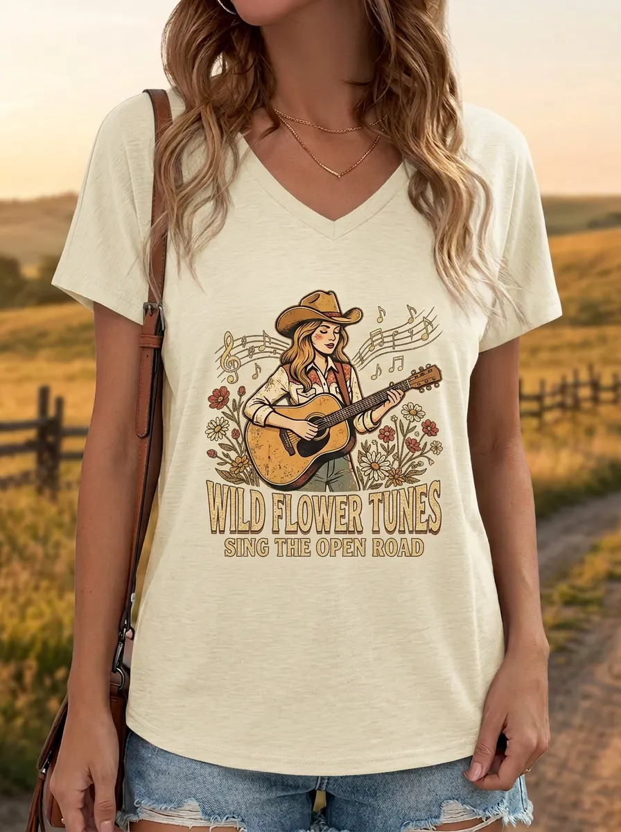 Guitar Cowgirl Floral Country Music Graphic T-Shirt