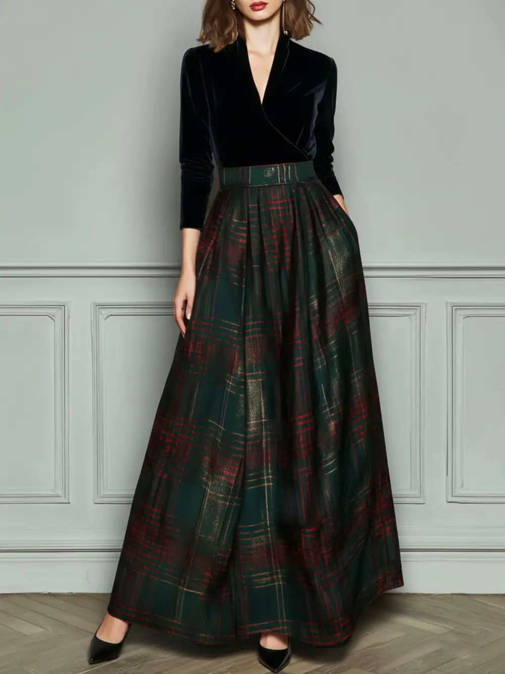 Elegant High Waist Velvet And Plaid Evening Gown With Full Skirt