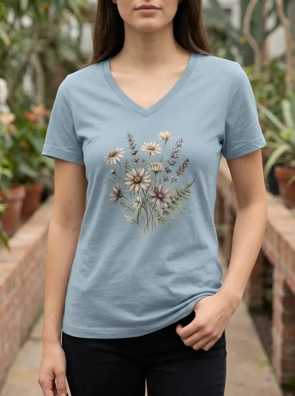 Women's Botanical Nature Lover Wildflower Lavender Printed V-Neck T-Shirt