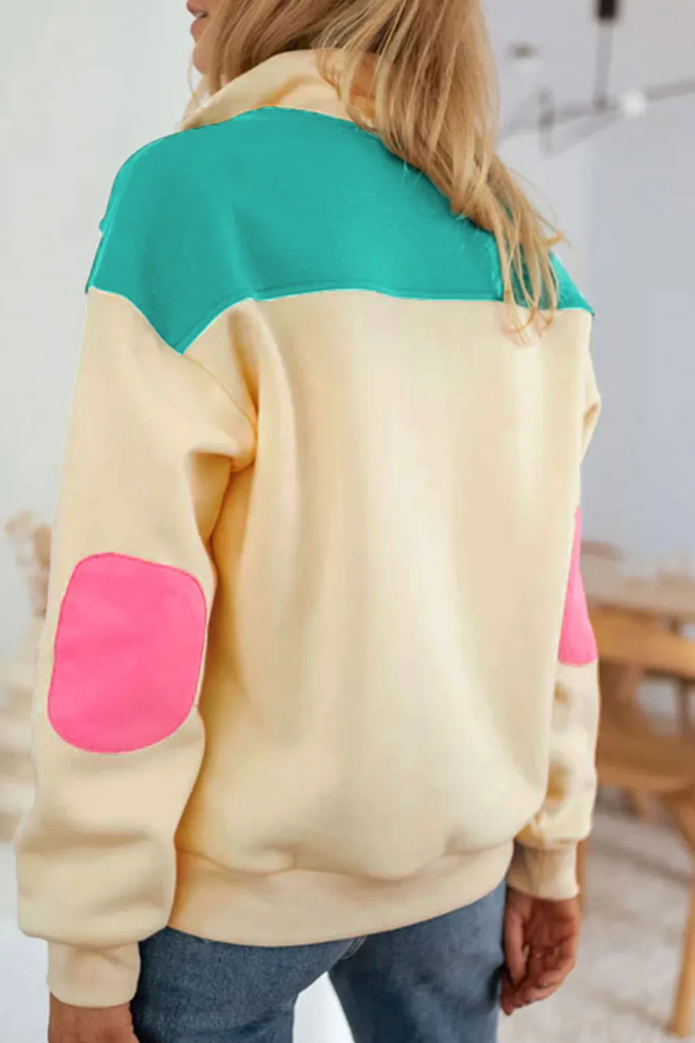 Color Block Elbow Patch Half Button Sweatshirt