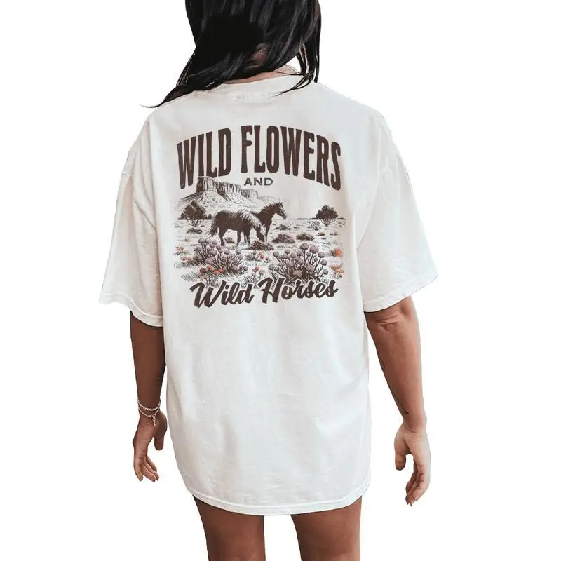 Wild Horses Wildflowers Western Cowgirl On Horse Cowboy Women's Oversized Comfort T-Shirt Back Print