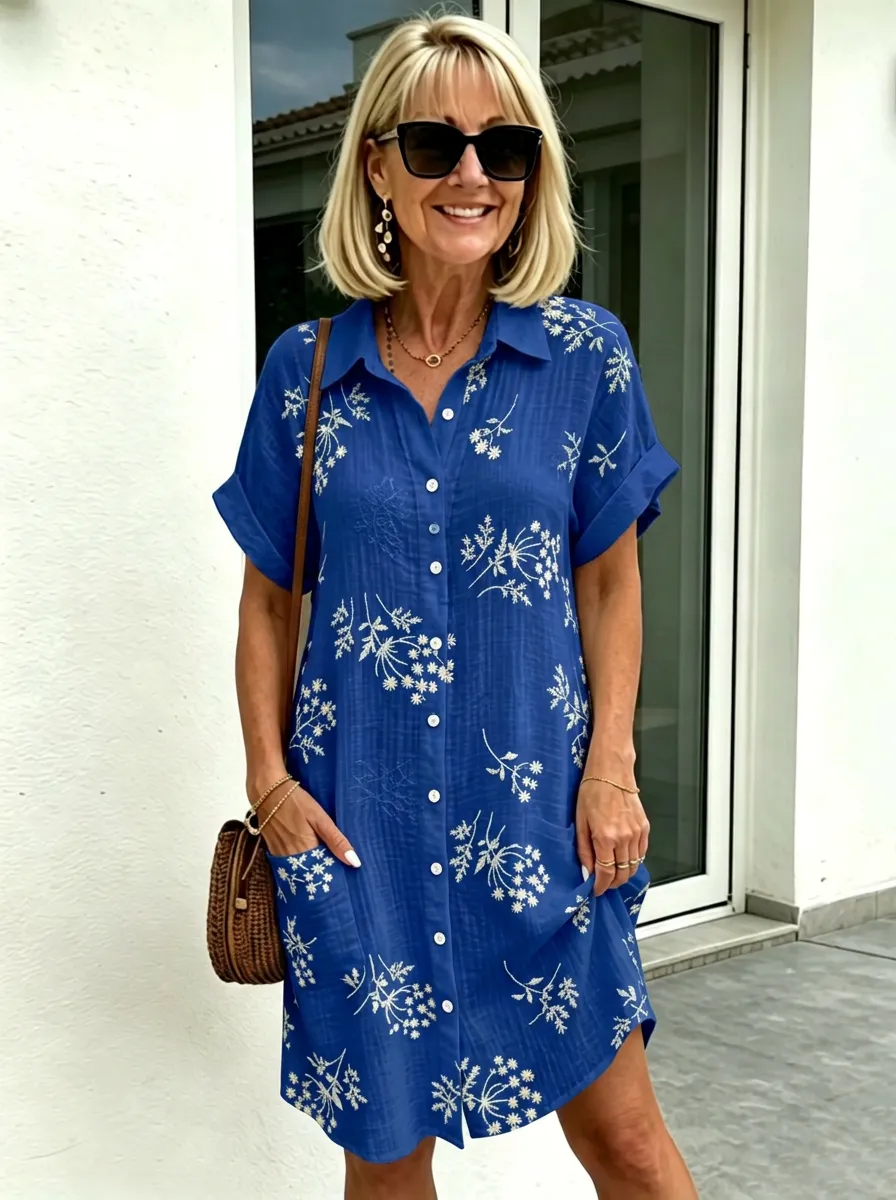 Women's Summer Vacation White Floral Printed Button-Down Shirt Dress