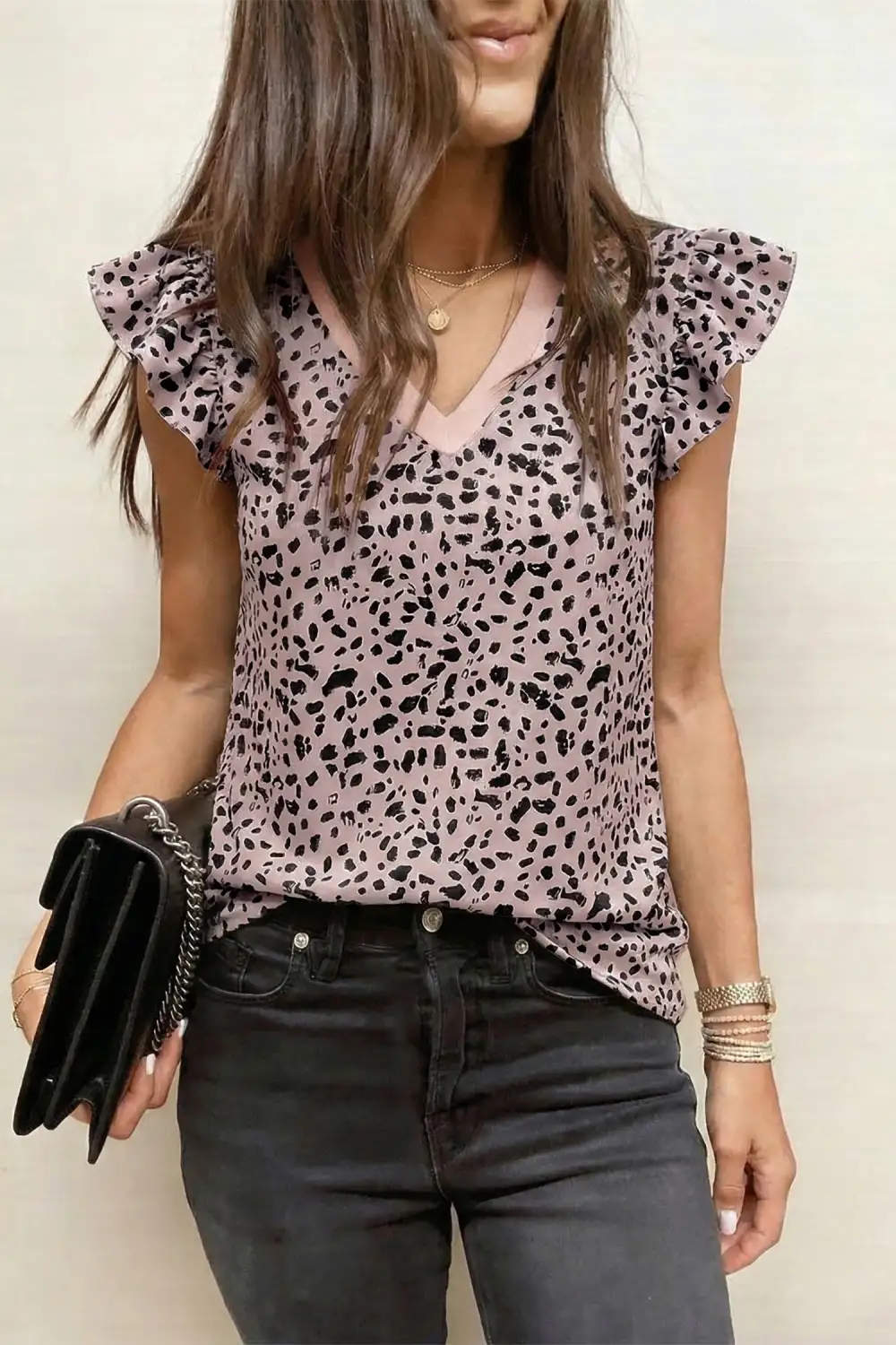 Cheetah Print V Neck Ruffle Trim Loose Tank Top