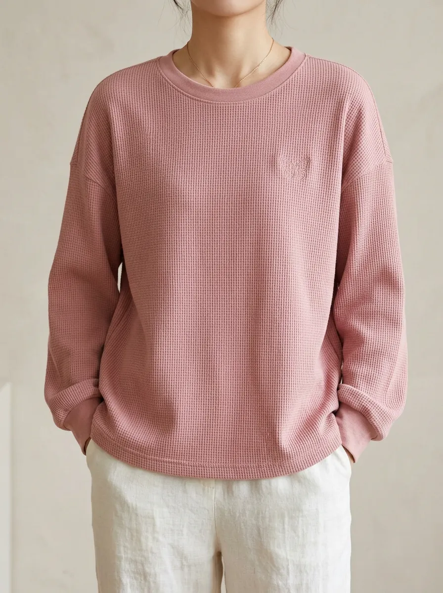 Women's Pink Aesthetic Butterfly Embroidered Waffle Knit Sweatshirt