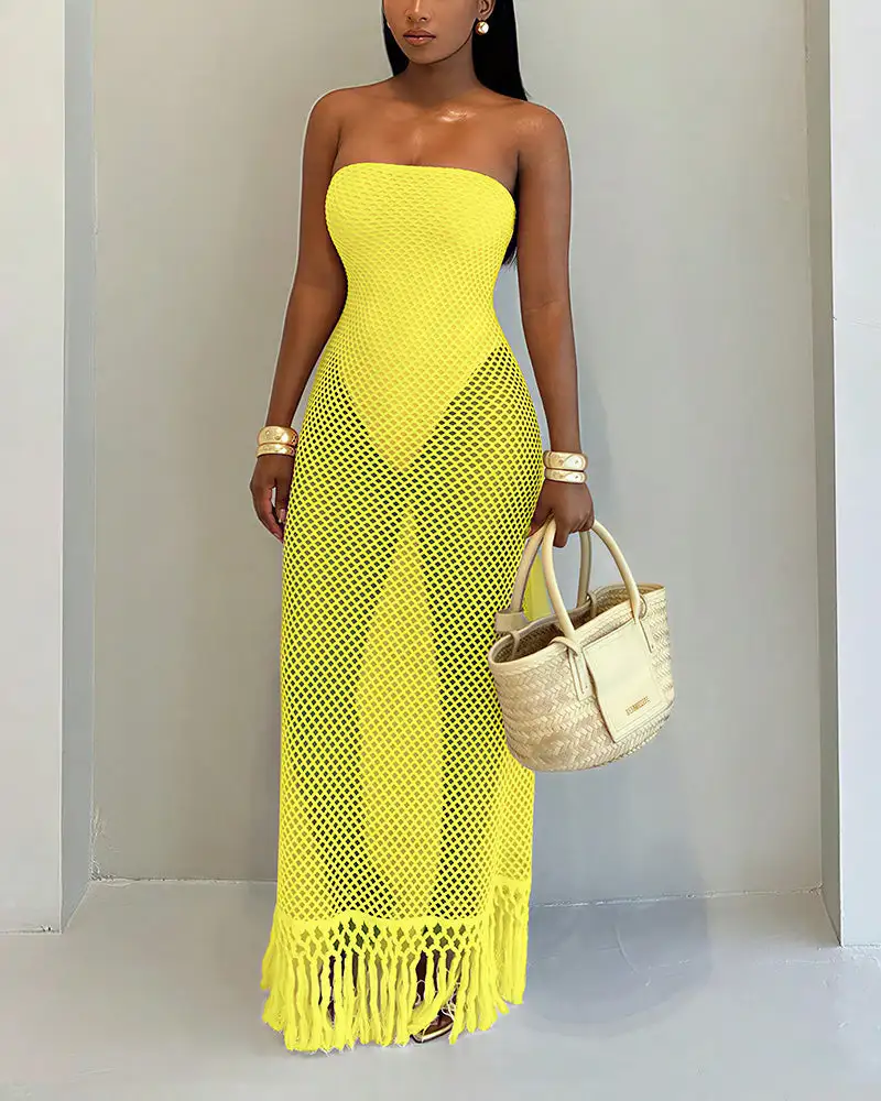 Strapless Crochet Hollow Out Fringe Maxi Dress Cover Up