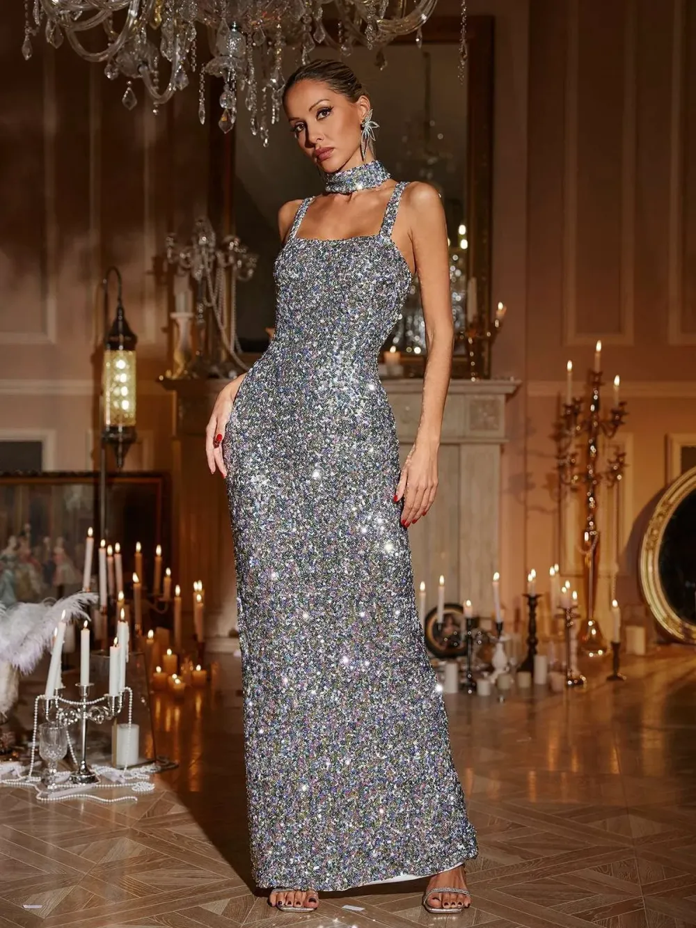 Jahmir Spaghetti Sequin Maxi Dress With Choker