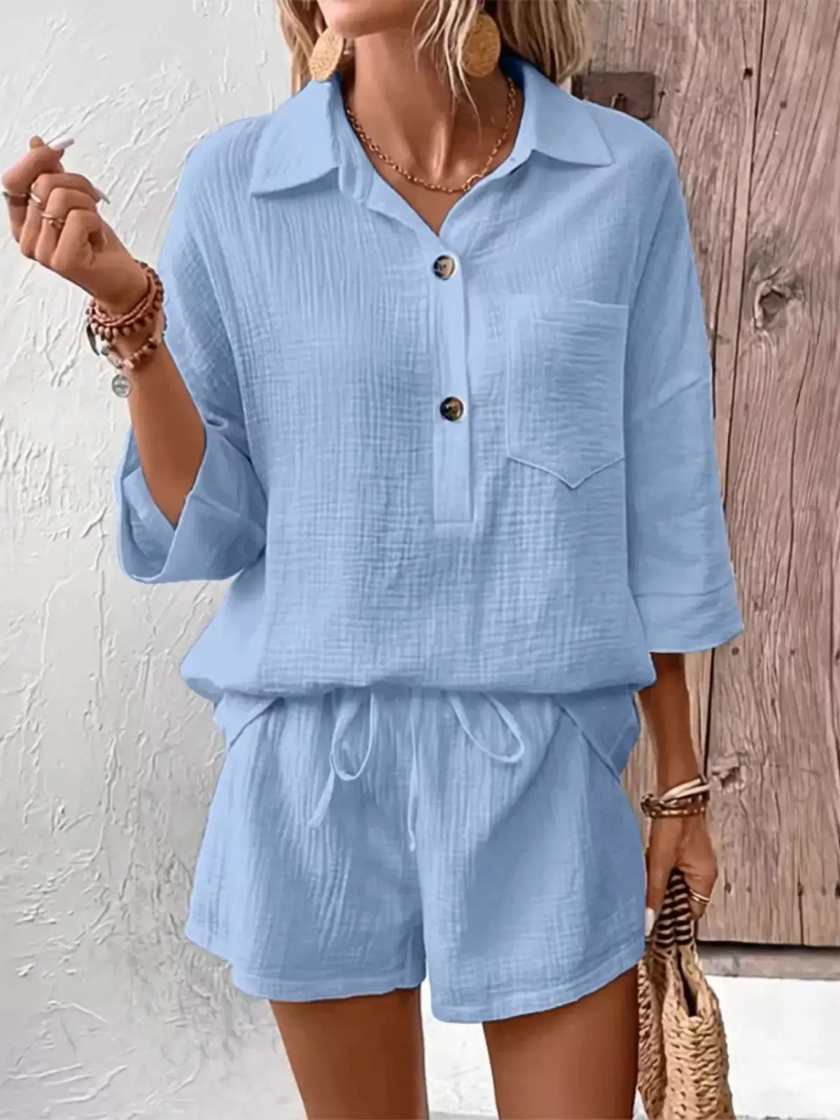 Button-Detail Pocketed Cotton Top and Shorts Matching Set