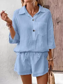 Button-Detail Pocketed Cotton Top and Shorts Matching Set