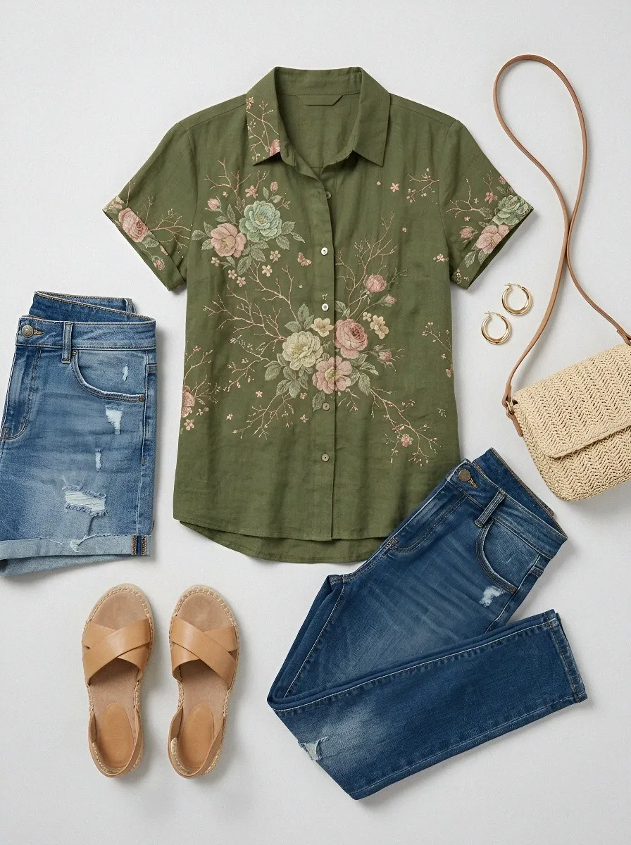 Women's Vintage Floral Botanical Printed Short Sleeve Shirt