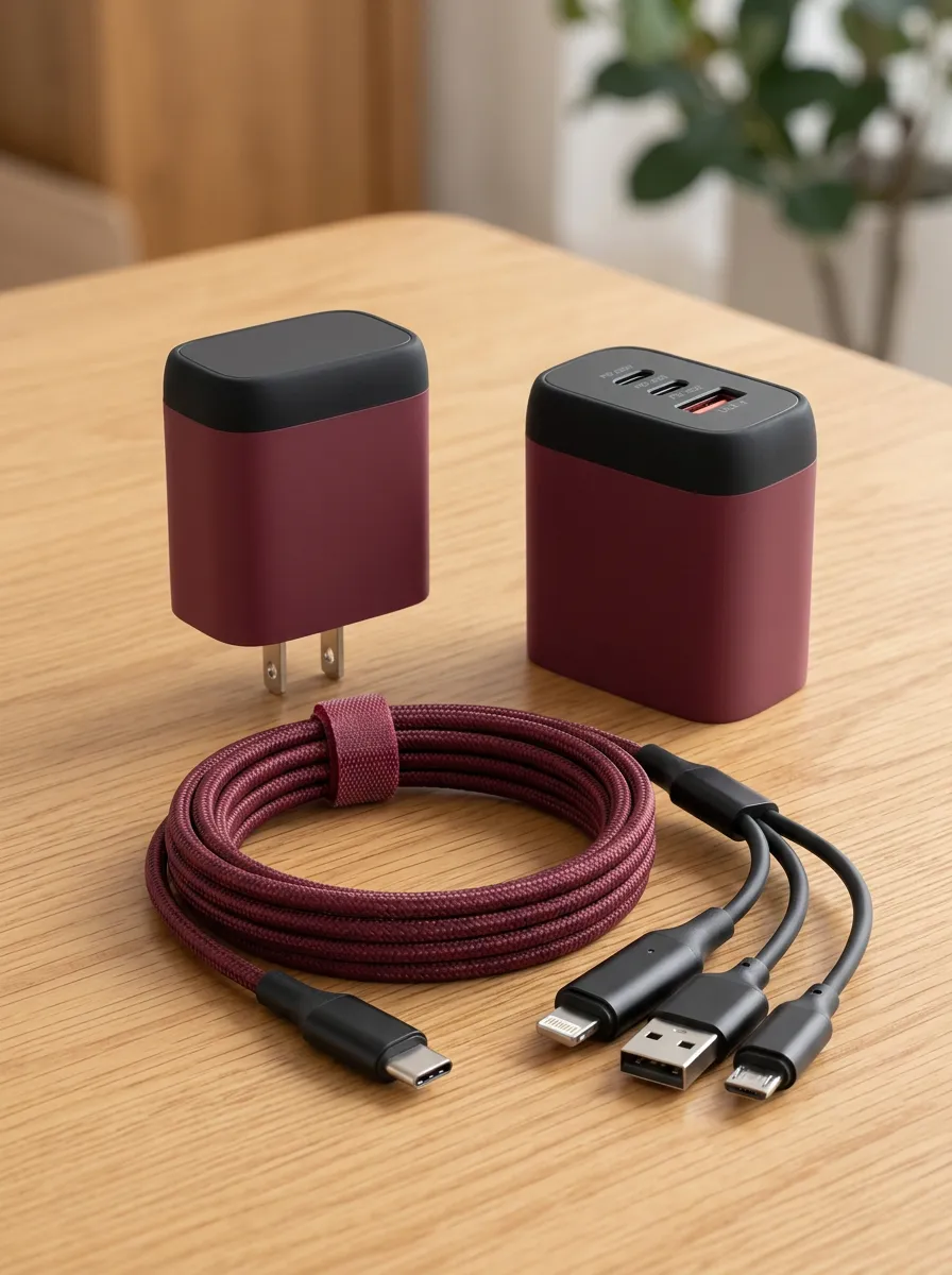 Burgundy Braided Multi-Port Charger and Cable Set