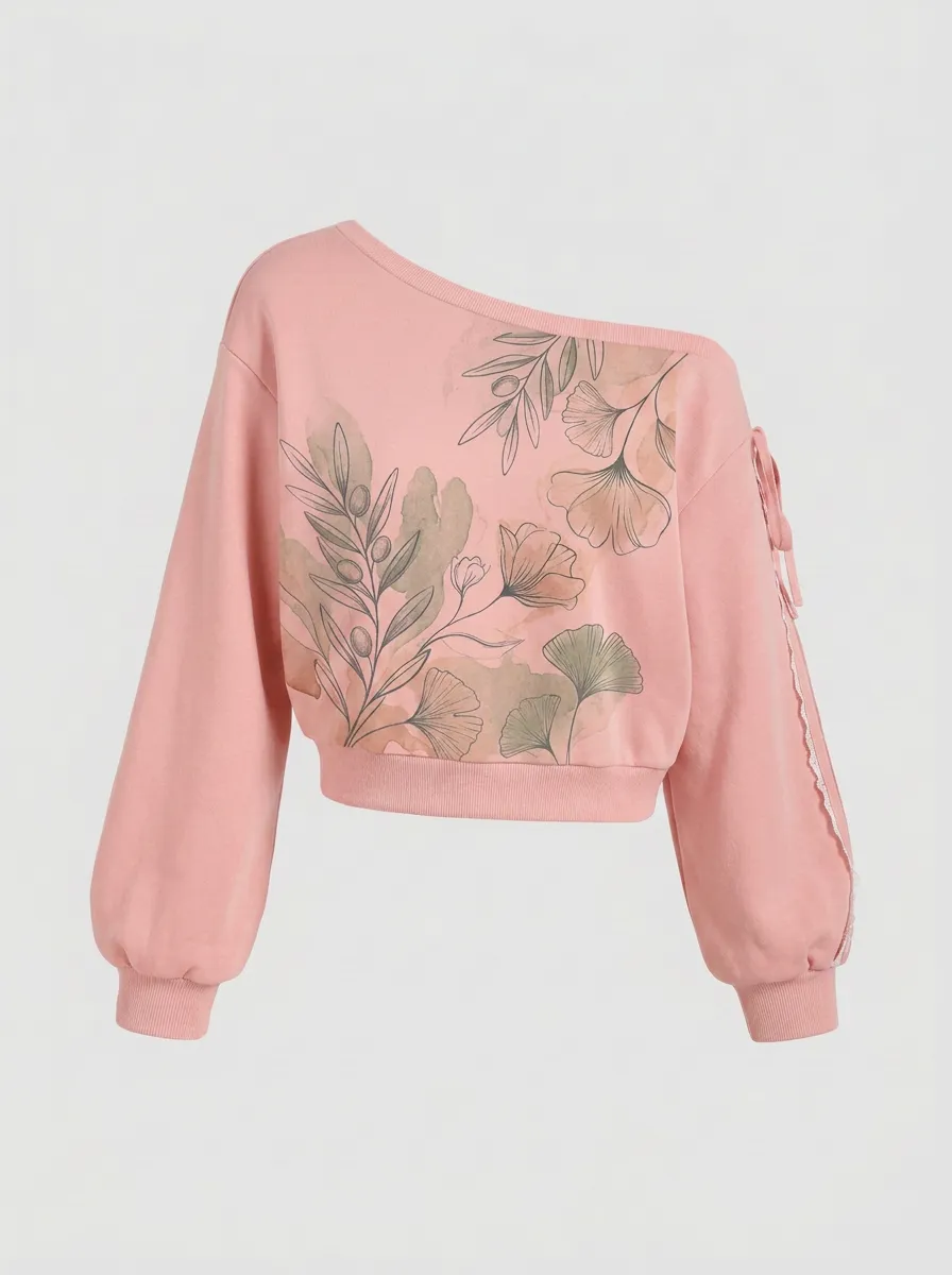 Women's Botanical Nature Lover Ginkgo Olive Leaf Printed Off-Shoulder Sweatshirt