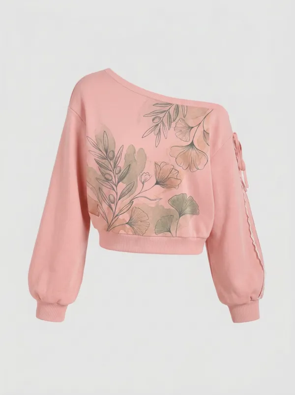 Women's Botanical Nature Lover Ginkgo Olive Leaf Printed Off-Shoulder Sweatshirt