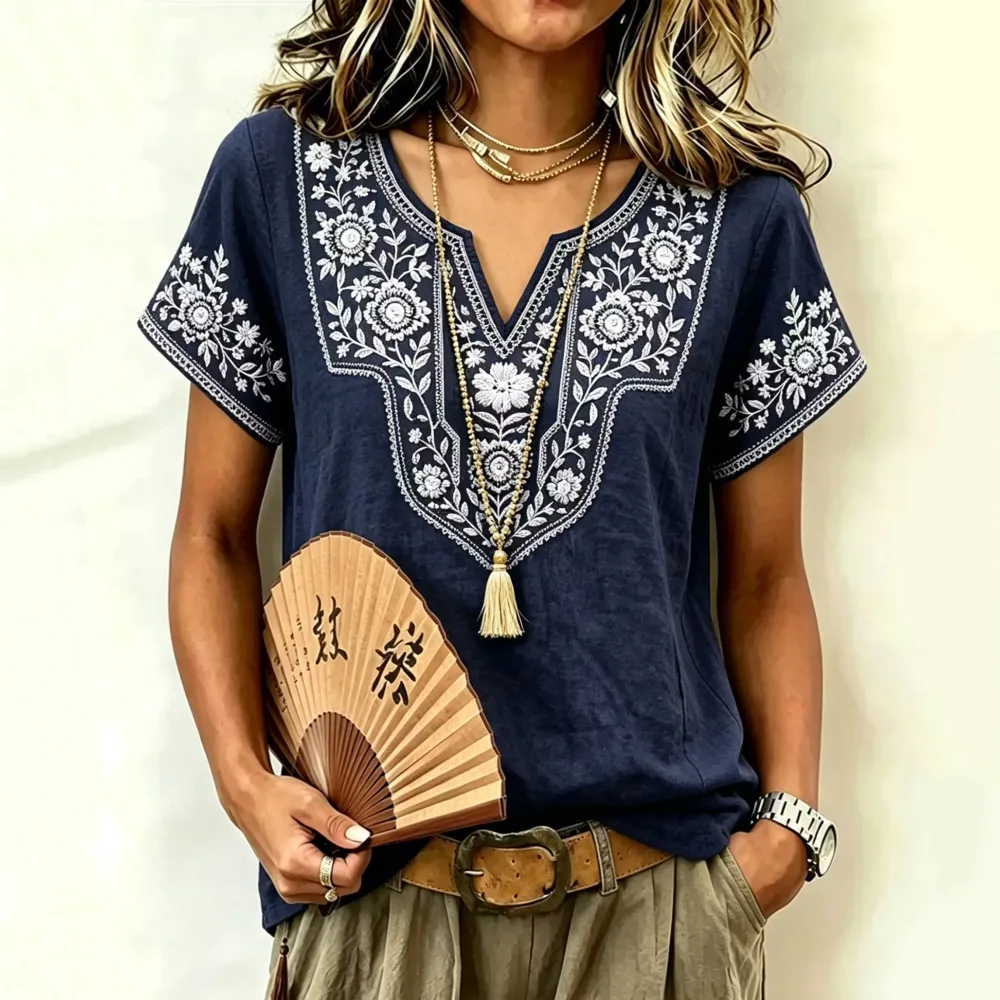 Women's Retro Floral Vacation Short-sleeve Cotton Linen T-shirt