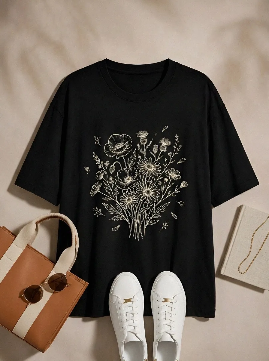 Women's Botanical Nature Lover Wildflower Bouquet Printed T-shirt