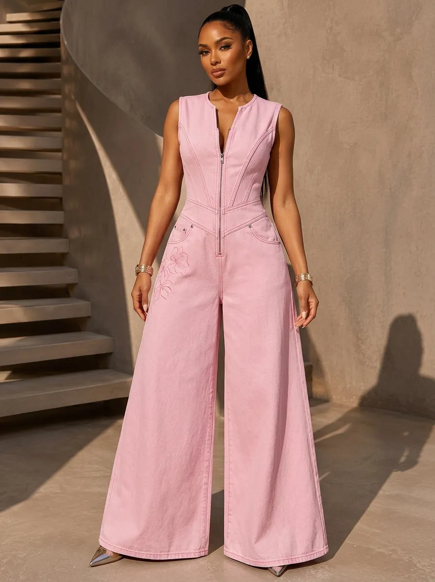 Pink Floral Embroidered Sleeveless Zip-Front Denim Jumpsuit