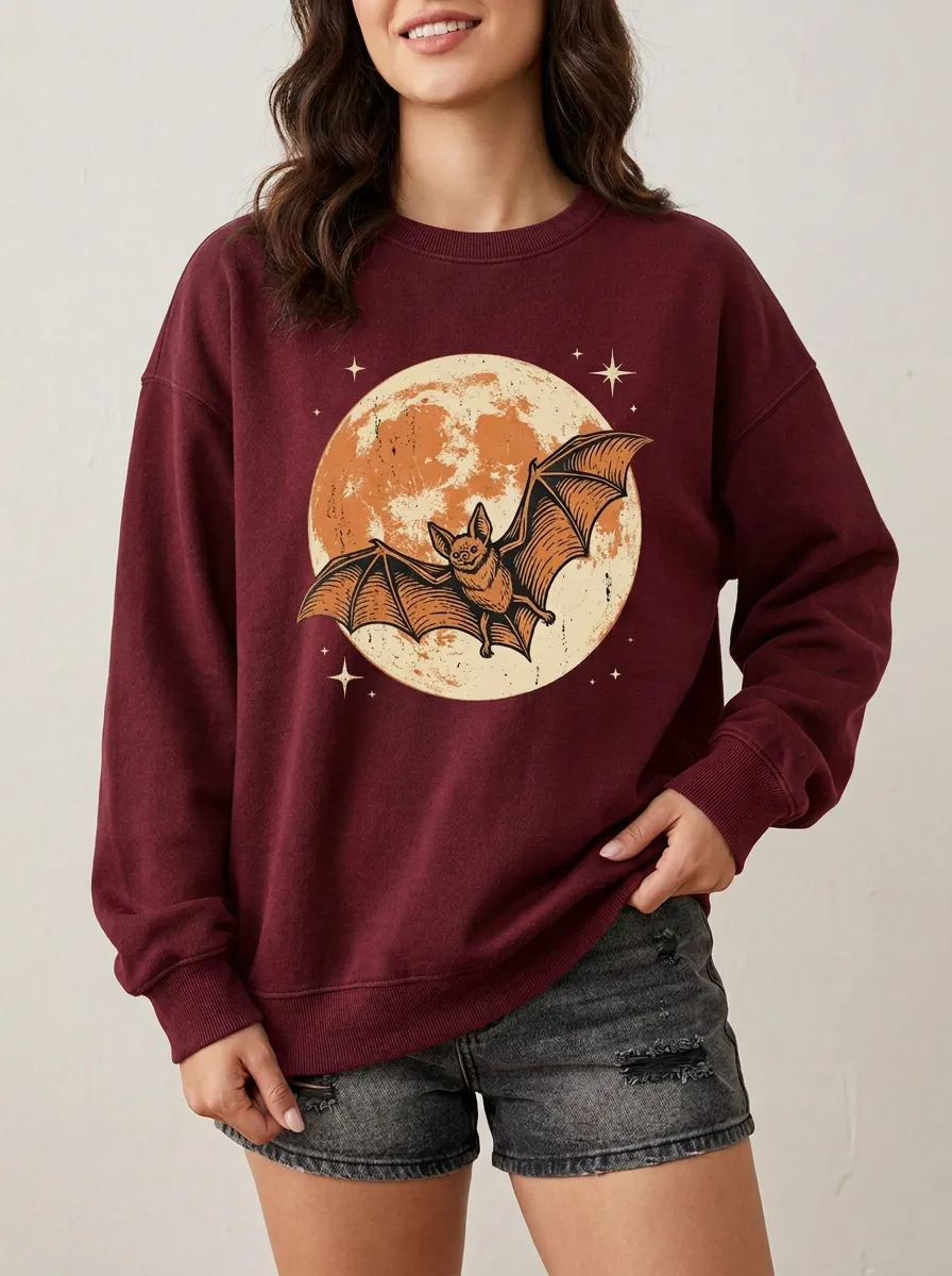 Women's Halloween Bat Moon Printed Sweatshirt