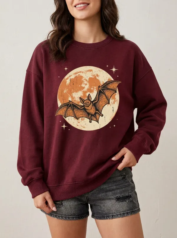 Women's Halloween Bat Moon Printed Sweatshirt