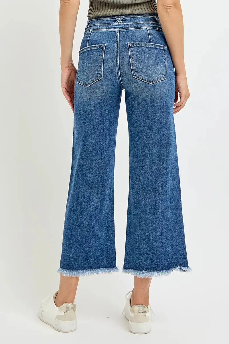 High Rise Crop Wide Leg Jeans With Wide Band Detail