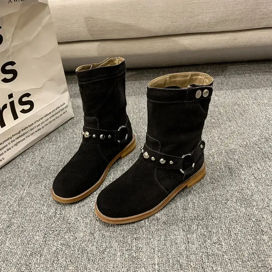 Studded Suede Mid Calf Harness Boots