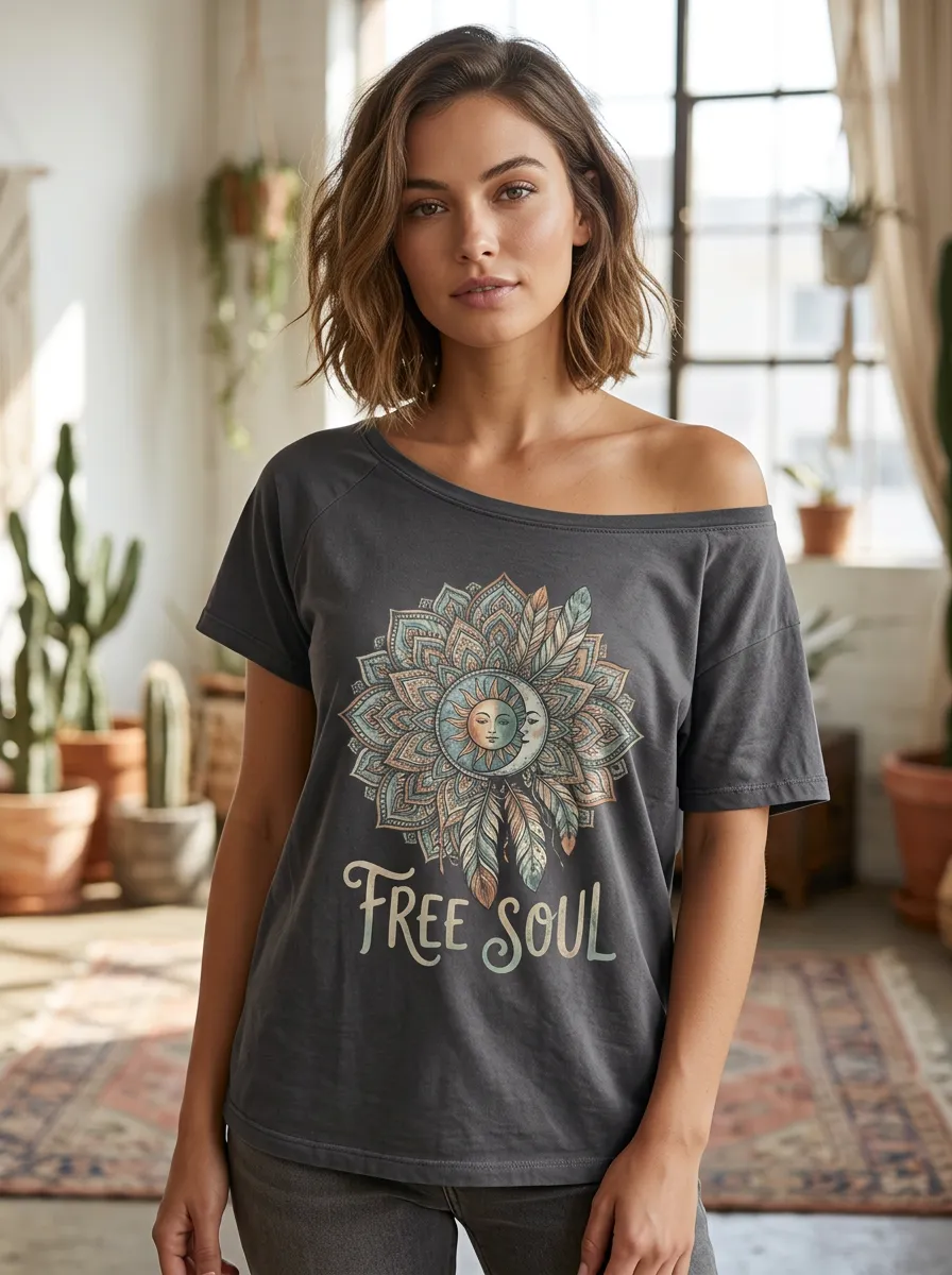 Women's Boho Free Soul Sun Moon Mandala Printed T-shirt