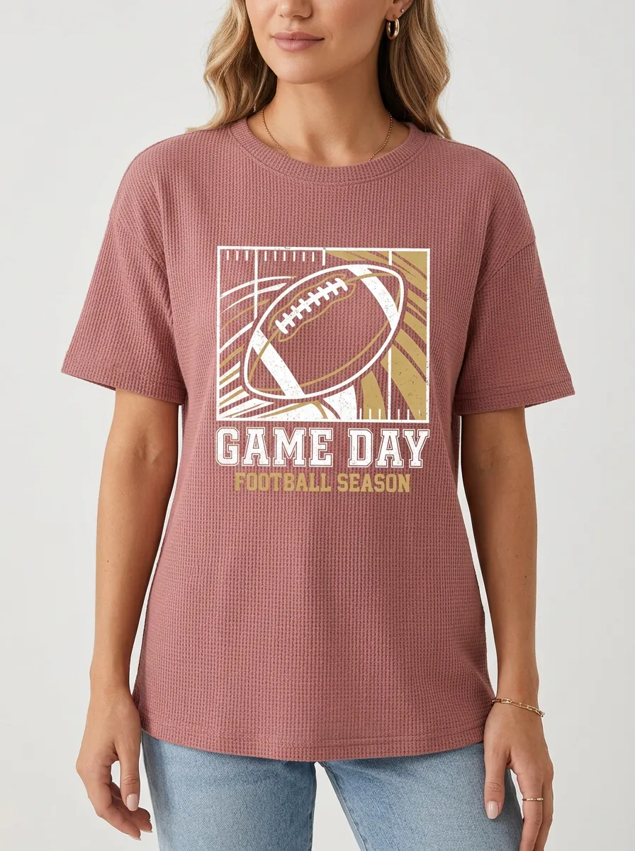 Women's Football Game Day Graphic Printed Waffle Knit T-Shirt