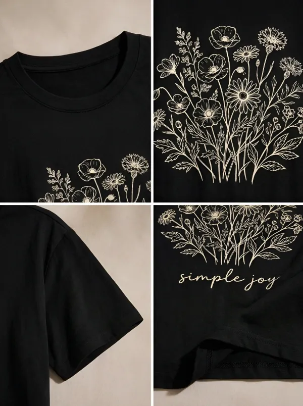 Women's Simple Joy Floral Bouquet Line Art Printed T-shirt