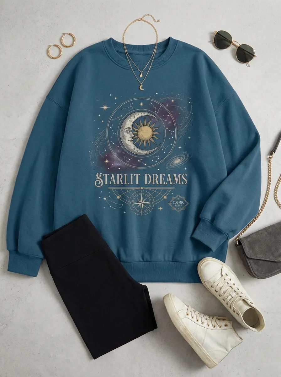 Women's Celestial Starlit Dreams Sun Moon Constellation Printed T-shirt