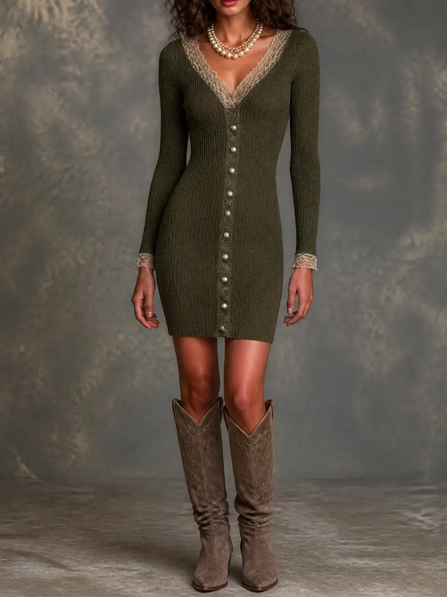 Vintage Olive Ribbed Knit Lace Mini Dress