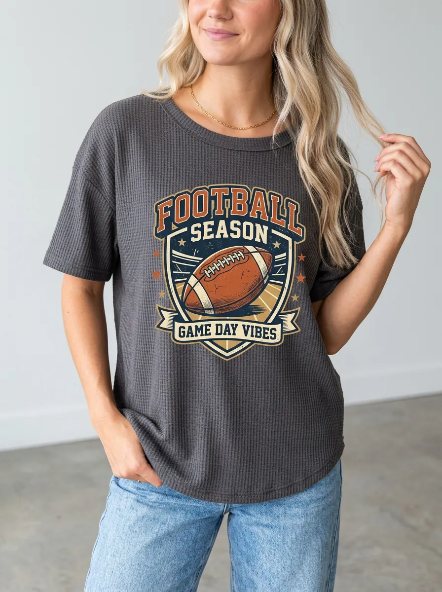 Women's Football Season Game Day Vibes Printed Waffle T-Shirt