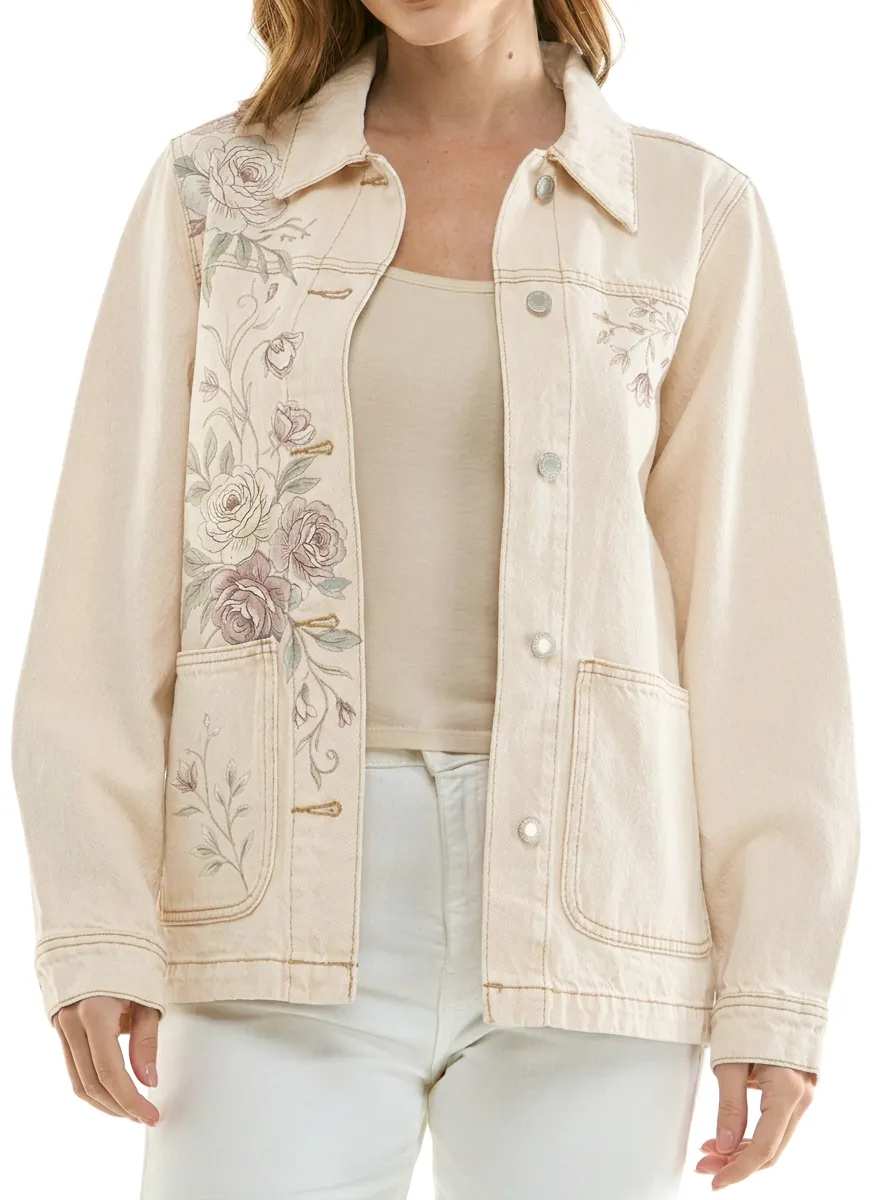 Women's Vintage Floral Rose Printed Denim Jacket