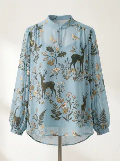 Bird Deer Floral Women's Loose Printed Blouse