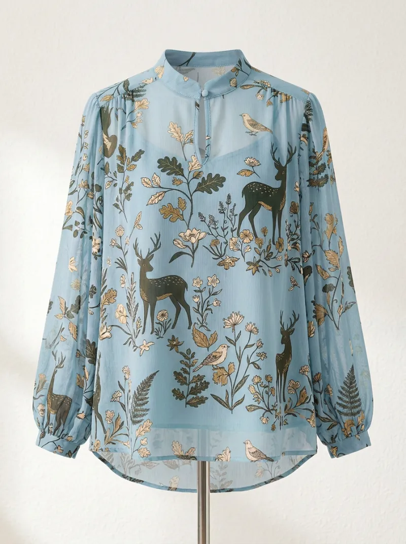 Bird Deer Floral Women's Loose Printed Blouse