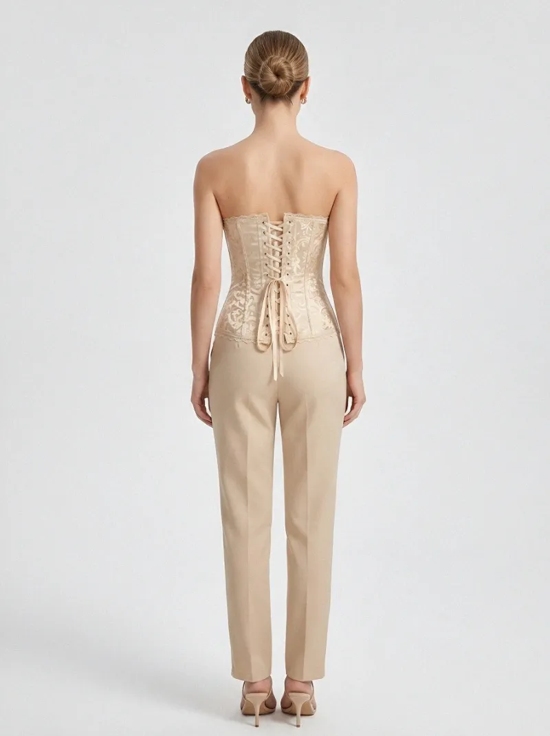 Floral Jacquard Bow-Detail Vintage-Inspired Women's Corset Top